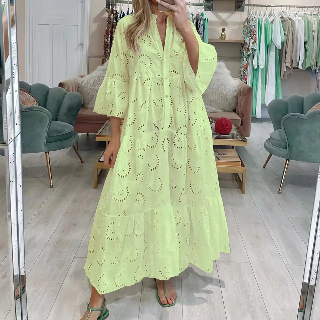 Top Trends: French V-Neck Bell Sleeve Lace Hollow Solid Color Sexy Long Dress For Women 2023 New Summer Fashion New Women&#039;s Elegant Dresses Shoppable Styles