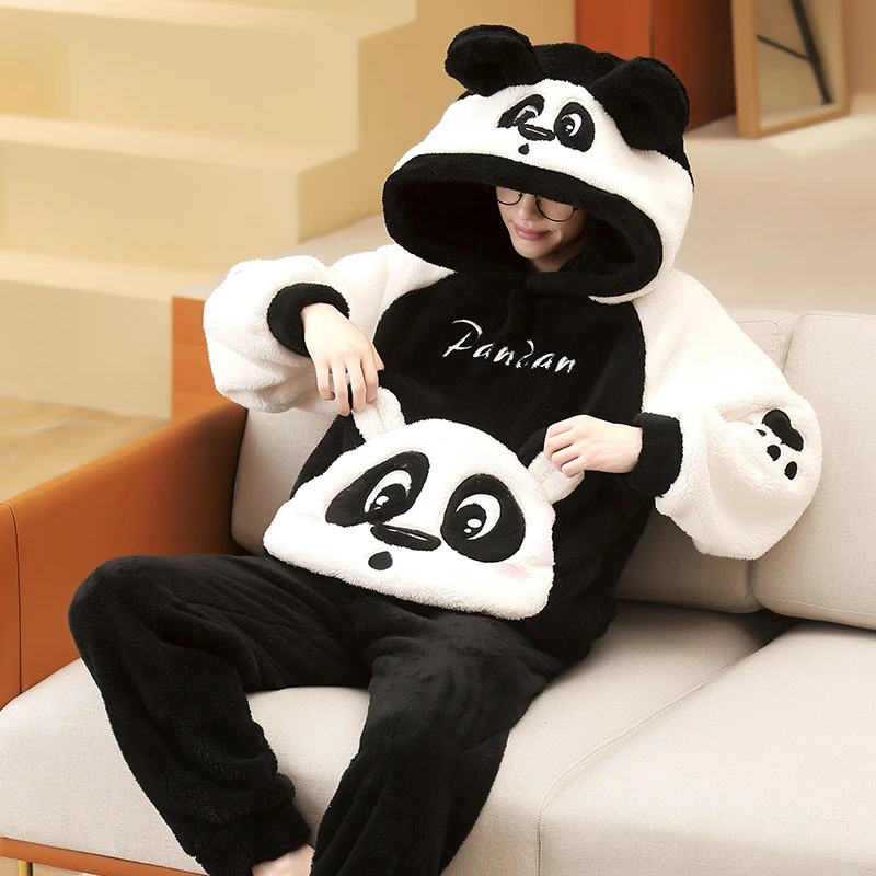 Top Trends: Couple Pajamas Set Women Men Adult Pajama Winter Thicken Hooded Pyjamas Sleepwear Cartoon Panda Korean Loose Lovers Homewear Shoppable Styles