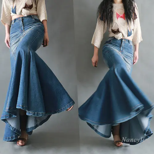 Top Trends: European And American Style Long Fishtail Skirt Women Beautiful Stitching Large Swing Mop Denim Skirts Slim-Fit Sheath Skirt Shoppable Styles