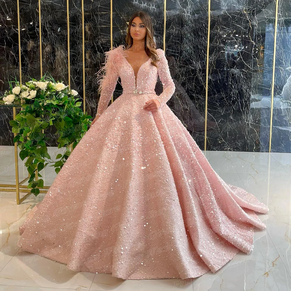 Top Trends: Long Sleeve Sequin Evening Ball Gown For Woman Luxury Glitter Bead V Neck Feather Sweep Train Formal Party Dress Robe De Mariage Shoppable Styles