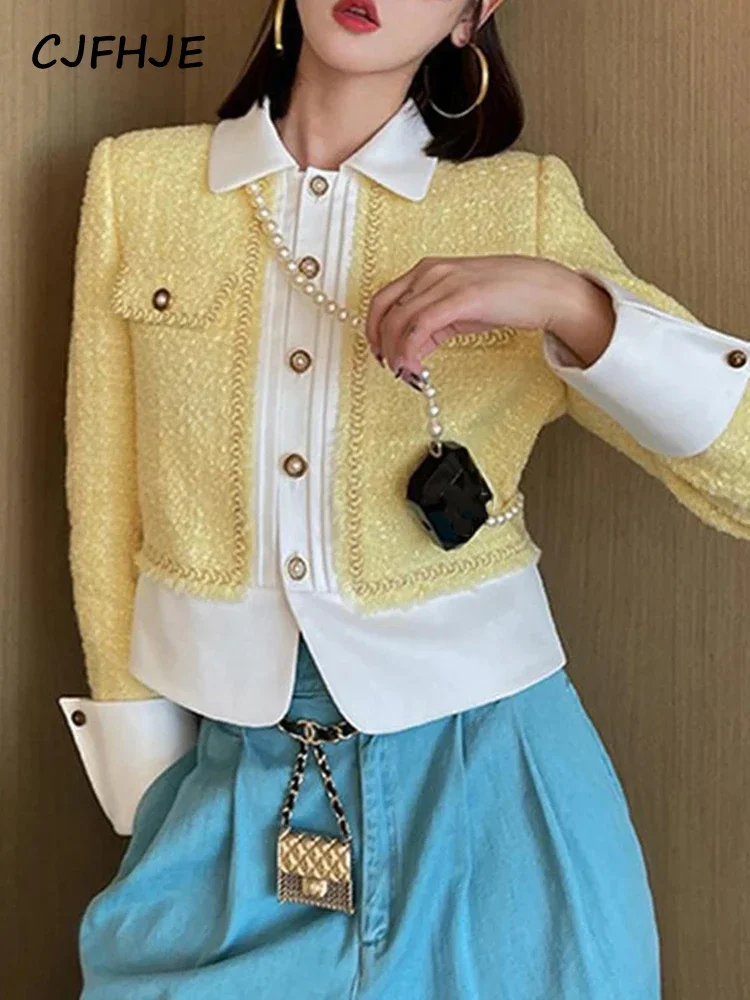 Top Trends: CJFHJE Yellow Tweed Jacket Coat Women Korean Fashion Sweet Woolen Short Coats Autumn Winter Vintage Elegant Lady Outwear Jackets Shoppable Styles