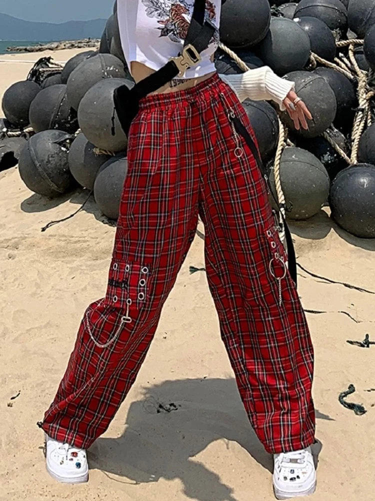 Top Trends: QWEEK Checked Trousers Women Japanese Streetwear Punk Cargo Pants Women Hippie Chain Harajuku Indie Y2K Aesthetic Hip Hop Shoppable Styles