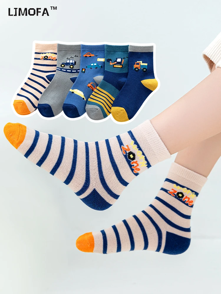 Top Trends: LJMOFA 5Pairs / lot Baby Socks For Kids Boys Autumn Stripes Child Cotton Socks Cute Cartoon Car Toddler Clothes Accessories C153 Shoppable Styles