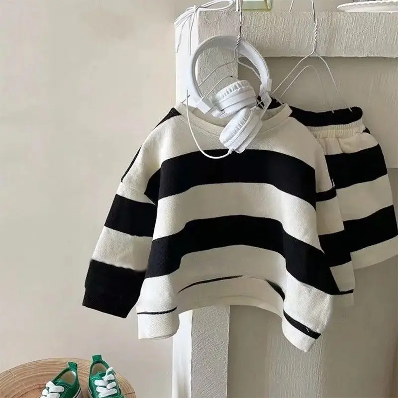 Top Trends: 1-8Y Baby Girl Boy Cotton Stripe Clothes Set Casual Sweater + Shorts 2pcs Infant Toddler Child Tracksuit Spring Fall Summer Set Shoppable Styles