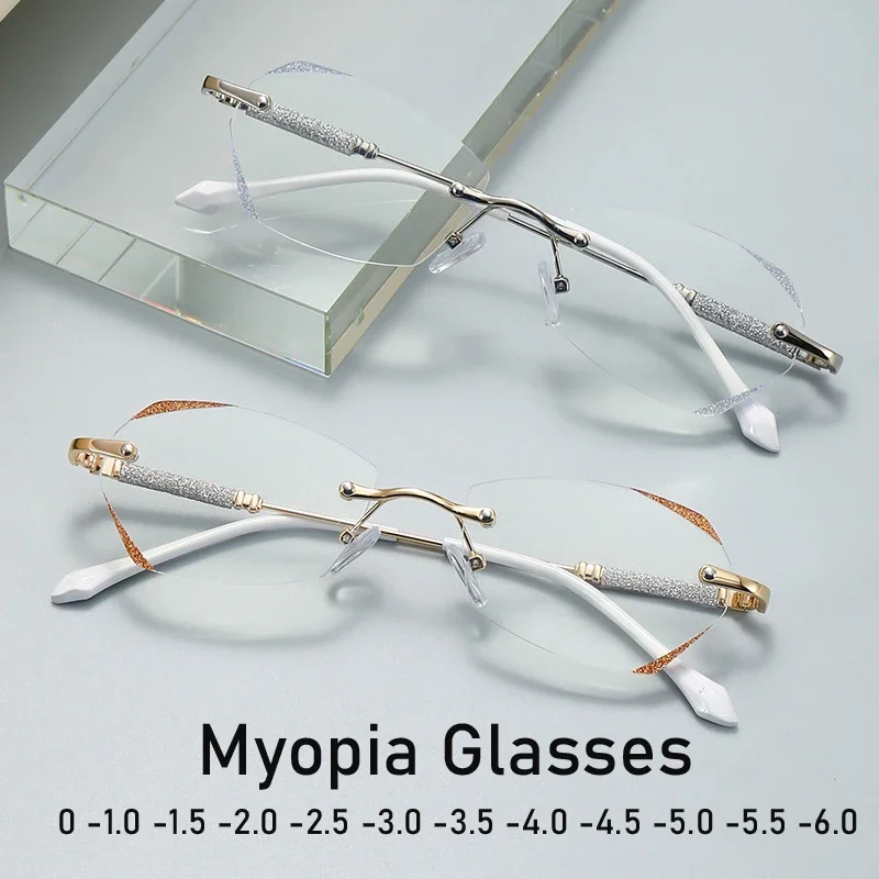 Top Trends: Diamond Cutting Rimless Ladies Myopia Glasses Anti Blue Light Minus Eyeglasses Finished Prescription Near Sight Eyewear Diopter Shoppable Styles