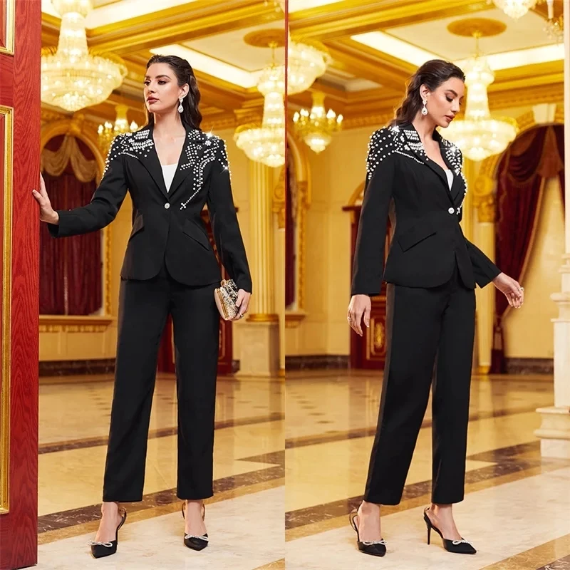 Top Trends: Exquisite Pearls Women Suits 2 Pieces Formal One Button Blazer Pants Peaked Lapel Plus Size Custom Made Mother Of The Bride Shoppable Styles