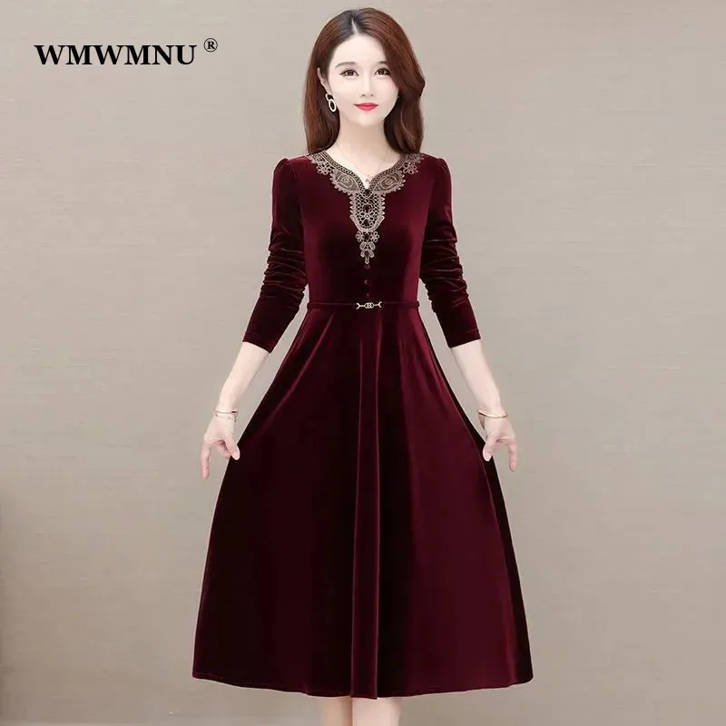 Top Trends: Vintage Applique Velvet Party Dress Women Elegant Pretty Slim Long Sleeve A-line Dresses Spring Fall Vintage Midi Vestidos Shoppable Styles