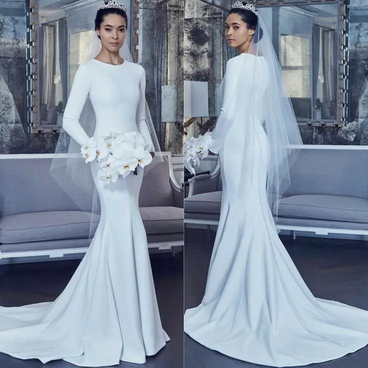 Top Trends: Elegant 2023 O-Neck Long Sleeve Button Satin Wedding Dresses Pleated White Sweep Train Mermaid Bridal Gowns For Women Shoppable Styles