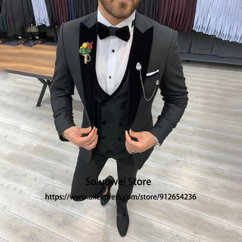 Top Trends: Suits For Men With Velvet Collar Fashion Slim Fit 3 Piece Jacket Vest Pants Set Formal Groom Wedding Tuxedo Male Business Blazer Shoppable Styles