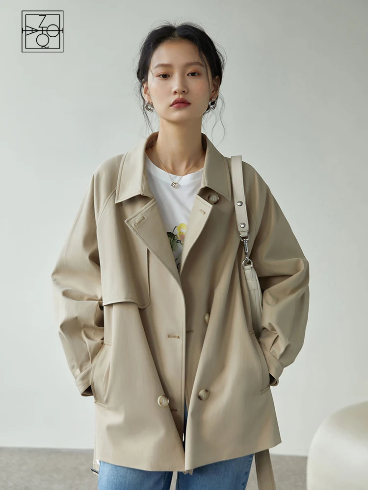 Top Trends: ZIQIAO Japanese Turn Down Collar Full Regular Sleeve Khaki Trench Loose Straight Short Jakcet Office Lady Fabric Belt Coat Shoppable Styles