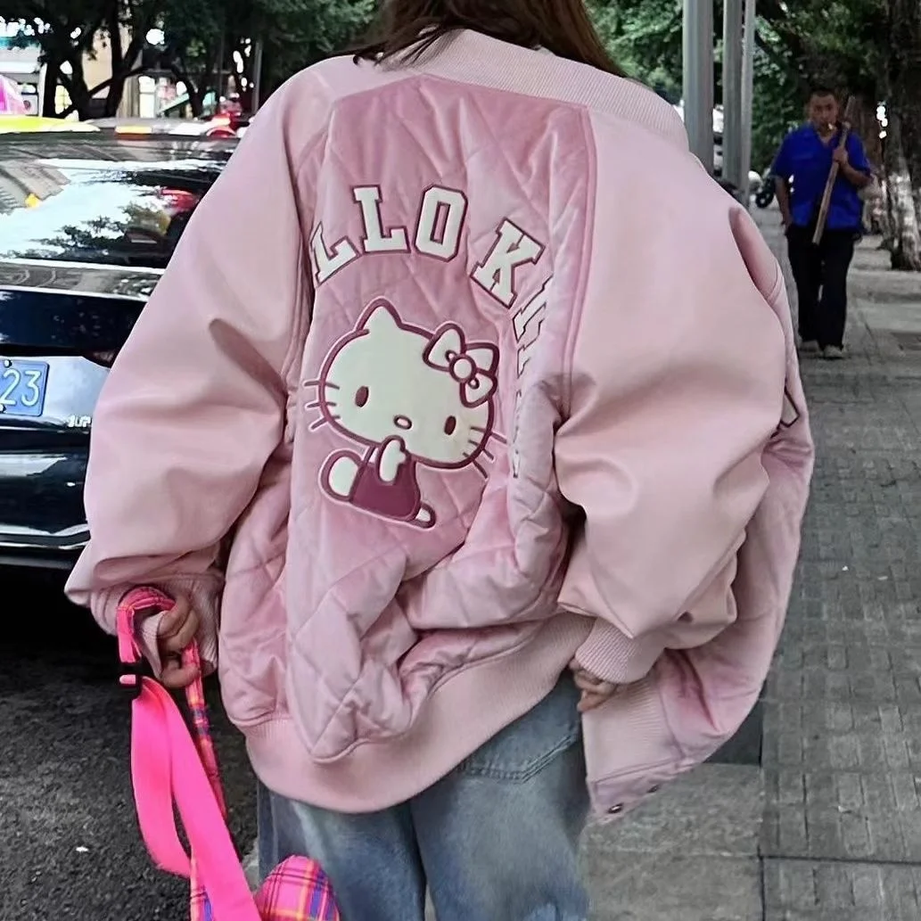 Top Trends: 2023 Sanrio Cute Baseball Uniform Women Hello Kitty Embroidery Jacket Y2k Preppy Thickened Clothing Winter Girls Cardigan Coat Shoppable Styles