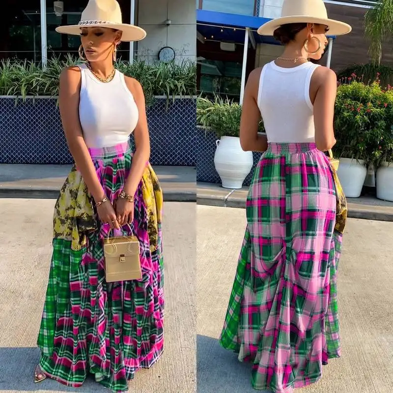 Top Trends: Plaid Print Patchwork Loose Women Maxi Skirt 2023 Summer Fashion Multi Colors Elastic Waist Skirts Streetwear Vacation Christmas Shoppable Styles - Image 3