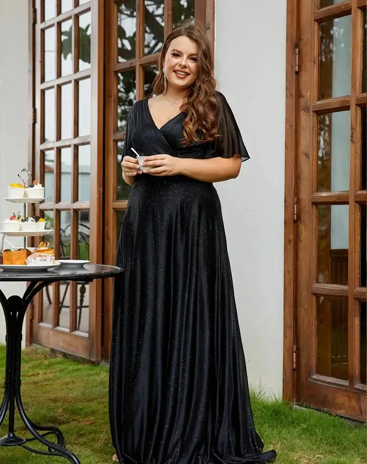 Top Trends: Plus Size Evening Dresses Deep V Neck Ruffles Sleeve And Pleated Decorations 2024 Ever Pretty Of A-Line Black Prom Women Dress Shoppable Styles