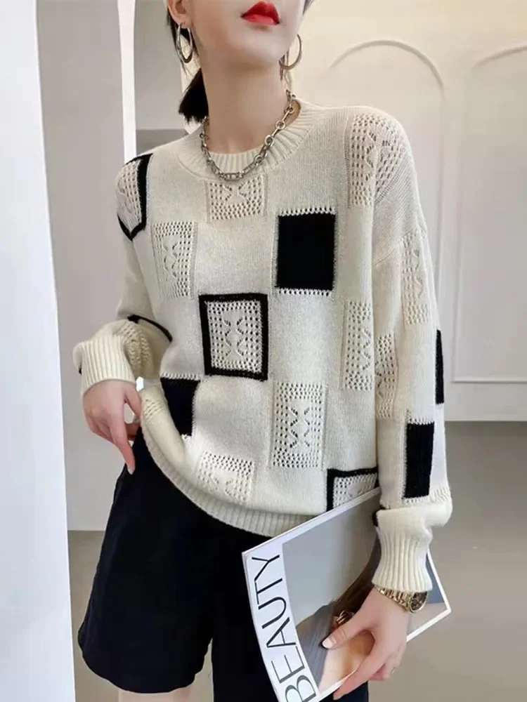 Top Trends: Fashion Tops 2022 Women Oversized Sweater Autumn Winter New Colorblock Plaid Knitted Pullovers Round Neck Retro Warm Sweaters Shoppable Styles - Image 4