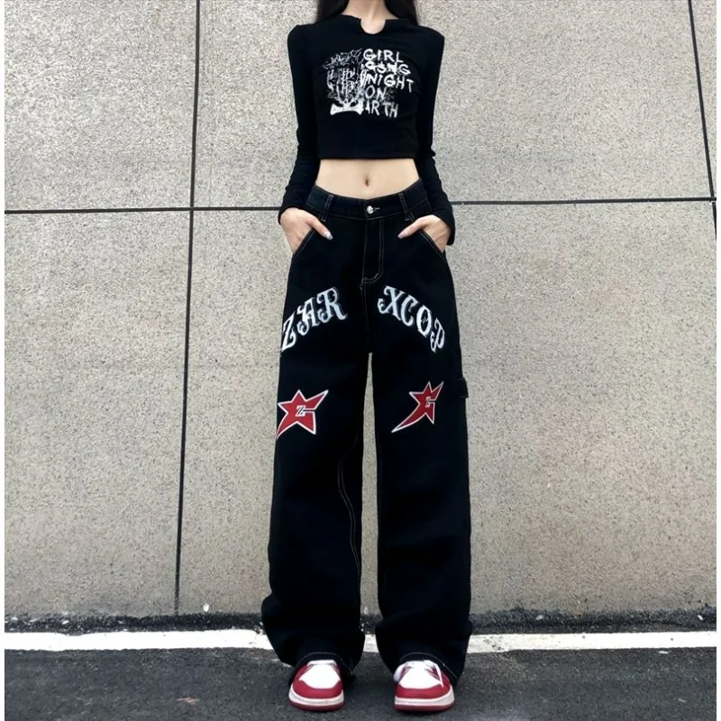 Top Trends: Streetwear Vintage Women Wide Leg Jeans Stars Letter Print Casual Pants Spring Autumn Fashion Harajuku Loose Straight Trousers Shoppable Styles