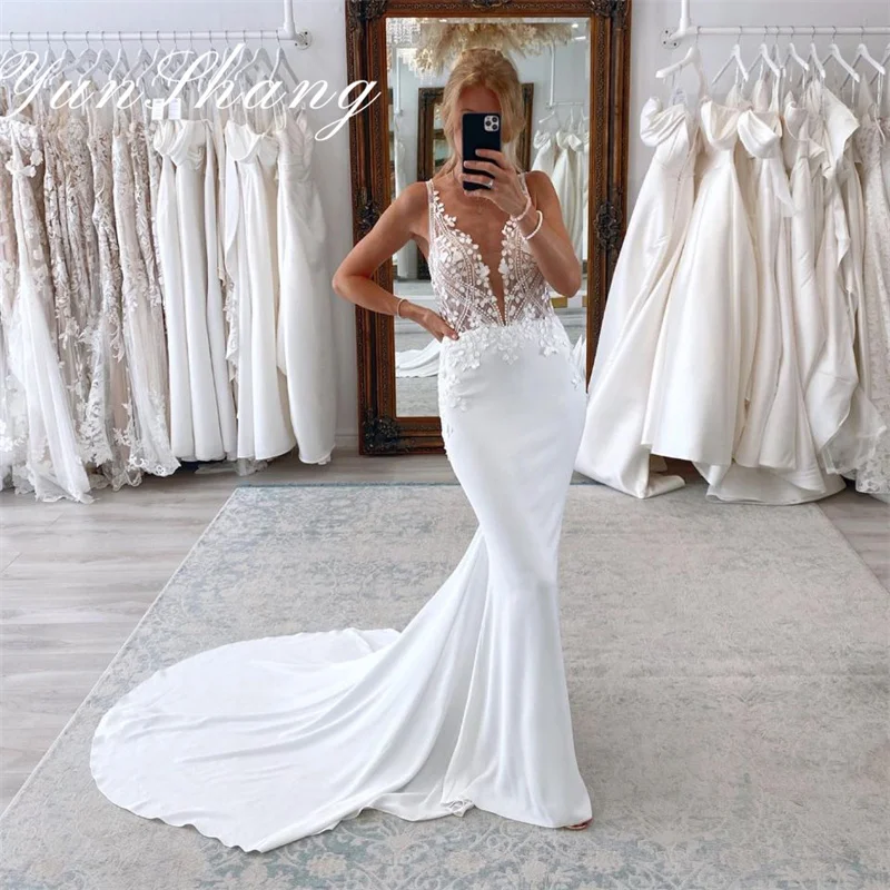 Top Trends: Yunshang Elegant Mermaid Wedding Dresses Women V-Neck Lace Open Back Spaghetti Straps Bridal Gown Sweep Train Vestido De Novia Shoppable Styles