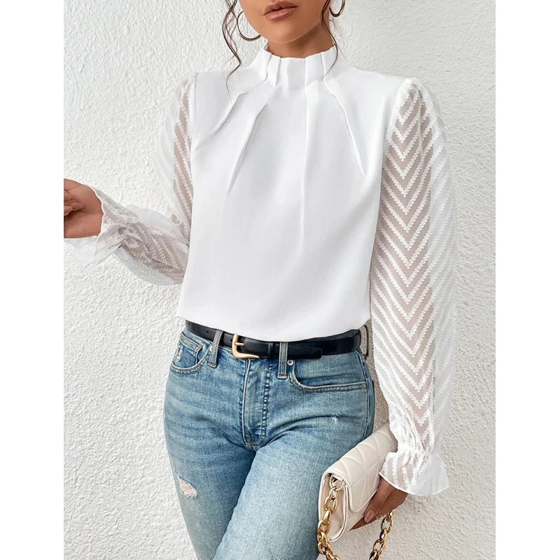 Top Trends: Autumn Winter Women Half High Collar Ruffled Blouses Elegant Fashion Office Lady Shirts Sheer Long Sleeve Loose Tops Solid Blusa Shoppable Styles