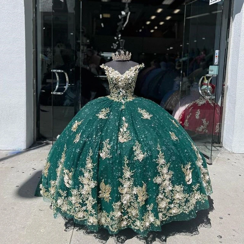 Top Trends: Emerald Green Quinceanera Dresses For 16 Girl V-Neck Gold Appliques Beading Princess Ball Gowns Birthday Prom Dress Vestidos De Shoppable Styles