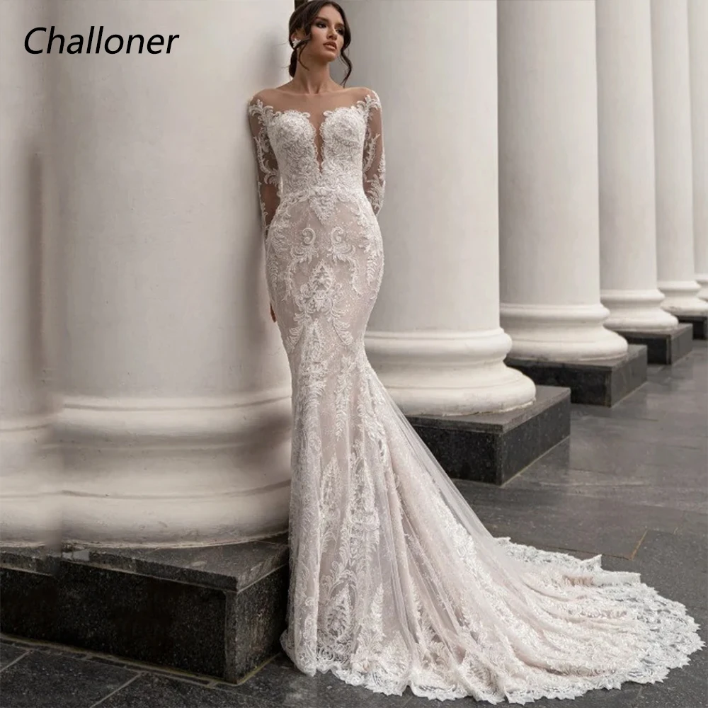 Top Trends: Challoner Elegant Mermaid Wedding Dress O-Neck Long Sleeves Lace Appliques Floor Length Bridal Gown Illusion Vestidos De Novia Shoppable Styles