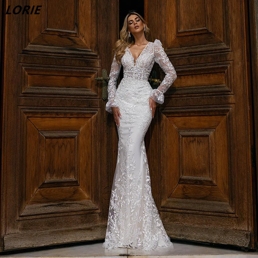 Top Trends: LORIE Sexy Bodycon Lace Mermaid Wedding Dresses Transparent Back Long Sleeves Boho Bridal Gowns Appliques V-Neck Bride Dress Shoppable Styles