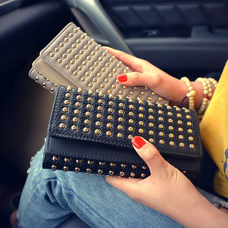 Top Trends: New Fashion Wallet Rivet Wallet Long Punk Tri-fold Coin Purse PU Leather Clutch Card Holder Mobile Phone Bag Carteira Feminina Shoppable Styles