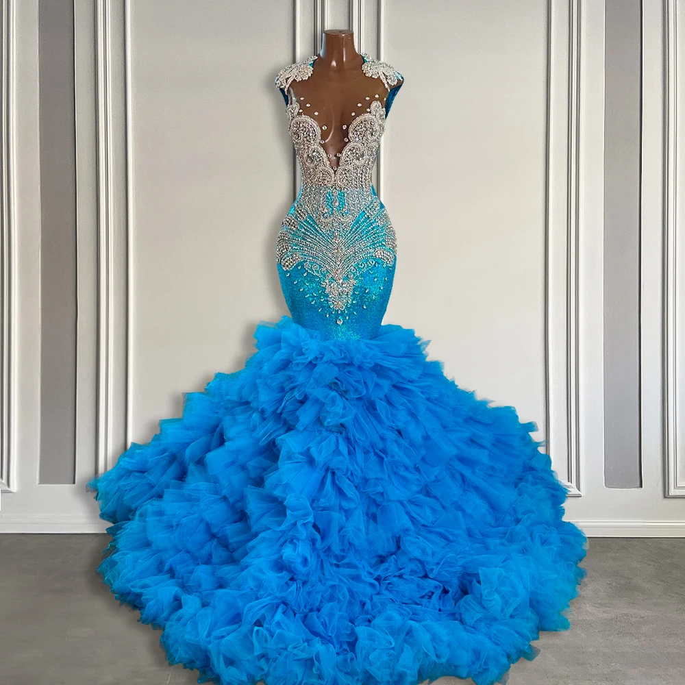 Top Trends: Luxury Ruffle Blue Prom Dresses For Black Girl Sparkly Beaded Crystal Long Prom Gowns 2024 Sequin Mermaid Birthday Party Dresses Shoppable Styles