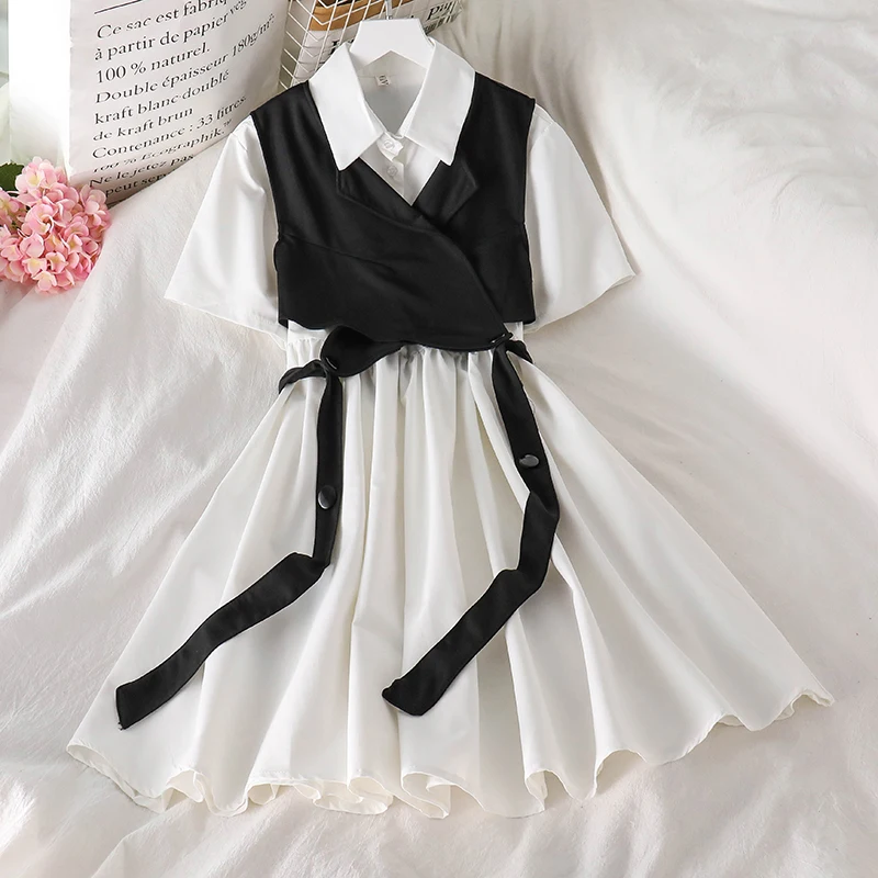 Top Trends: Vintage Gothic Shirt Dress Sets Women Harajuku Black Bandage Vest Short Sleeve High Waist Dress Summer 2023 Mini Shoppable Styles