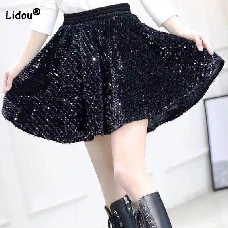 Top Trends: Trend Fashion Women&#039;s Solid Color Sequined Mini Skirts Summer Korean Elastic High Waist Casual Ball Gown Skirts Female Clothing Shoppable Styles