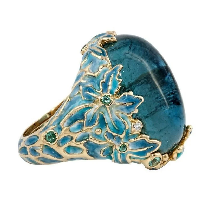 Top Trends: Elegant Women Fashion Gold Color Carving Enamel Flower Rings For Women Creativity Inlaid Blue Stone Engagement Ring Jewelry Shoppable Styles