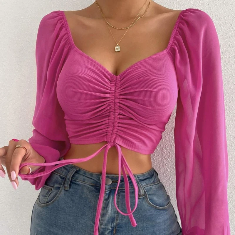 Top Trends: Sexy Mesh Lantern Sleeves Drawstring Wrap Chest Bare Midriff T Shirt Women Long Sleeves Bottoming Shirt Ladies Tee Shirt Tops Shoppable Styles