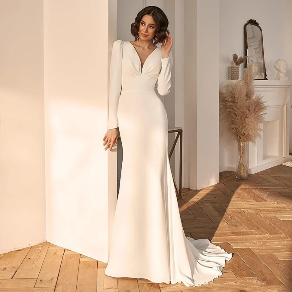 Top Trends: #YS85 Sexy V-Neck Wedding Dress Long Sleeve Sheath Button Simple Backless Bride Gown Spandex Sweep Train Pleats Vestido De Novia Shoppable Styles