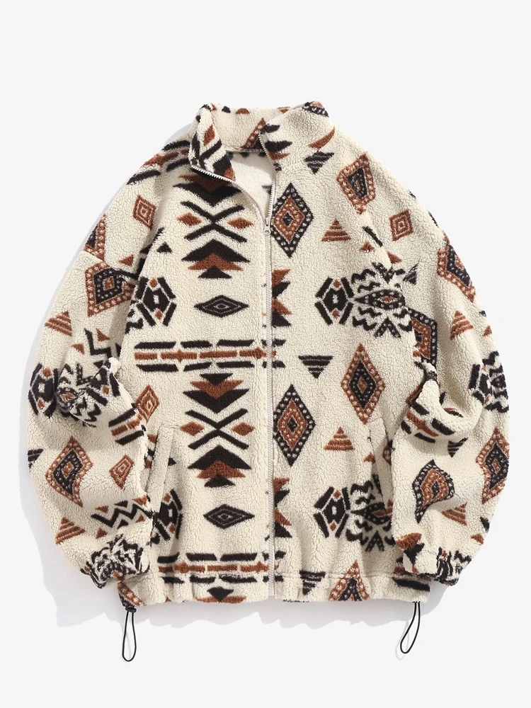 Top Trends: ZAFUL Women's Ethnic Geometric Print Faux Fur Toggle Drawstring Hem Zip Up Drop Shoulder Stand Collar Coat ZF510631101 Shoppable Styles