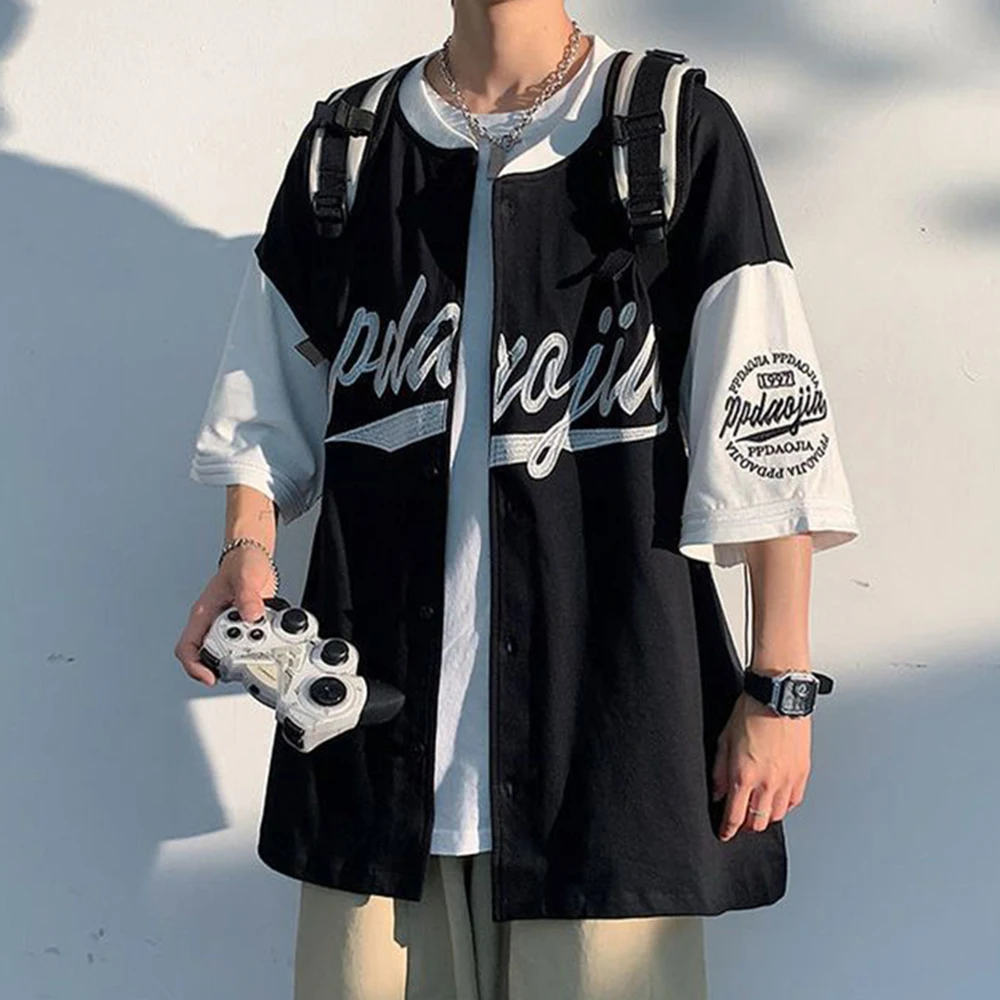 Top Trends: Street Hiphop Color Contrast Stitching Baseball Shirt Cardigan Jacket Summer Short-sleeved Shirt Men's Loose Top Men's Clothing Shoppable Styles