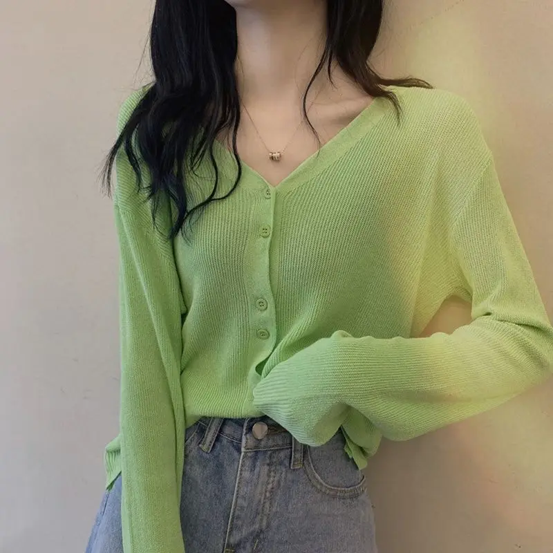 Top Trends: Fruit-green Knitted Cardigan For Women In 2023 Summer Wear Thin Open Collarbone Top Ice Silk Air-conditioned Shirt Long-sleeved Shoppable Styles