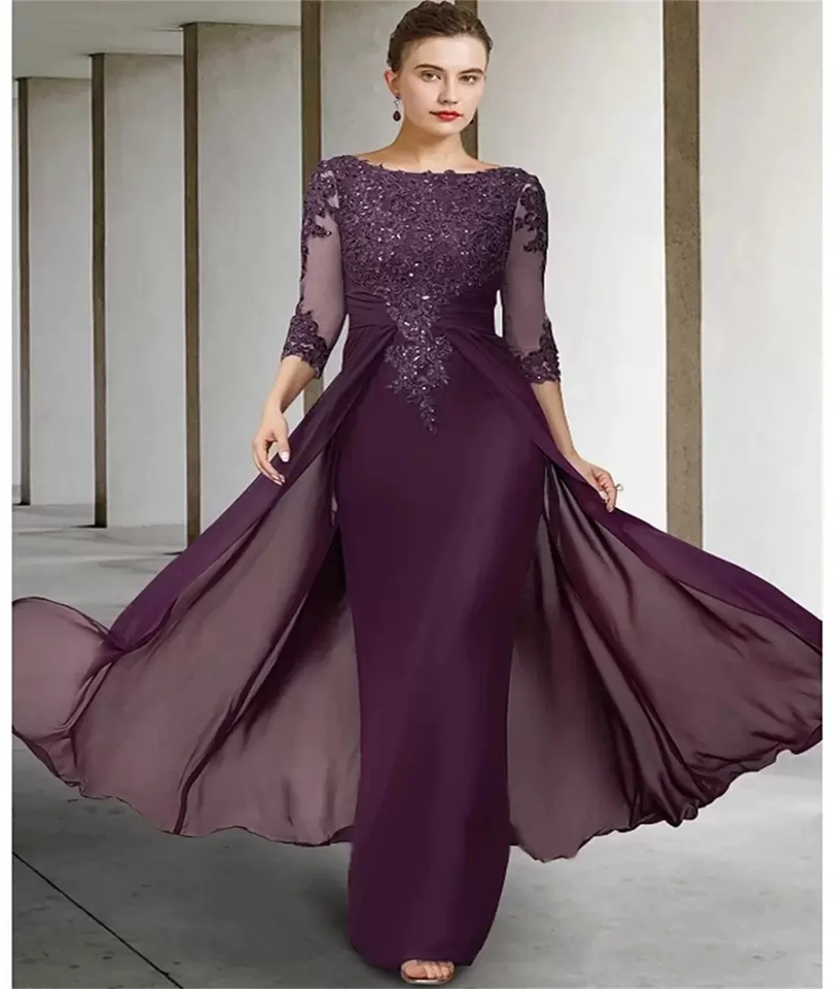 Top Trends: 2023 Duricve Purple Mother Bride Dress Jewelry Sequin Applique Long Sleeve Front Side Pull Pleats Design Evening Dress Shoppable Styles