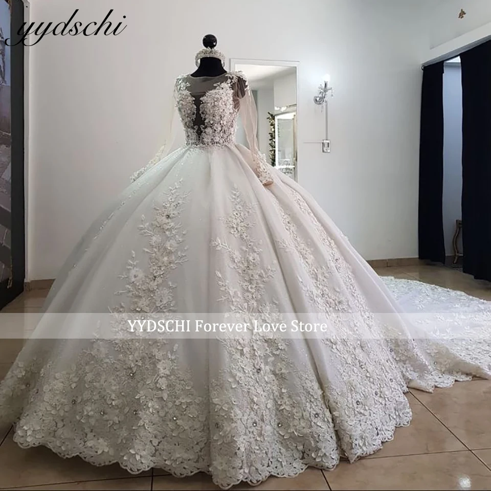 Top Trends: Luxury 3D Floral Appliques Ball Gown Wedding Dress 2024 Illusion Long Sleeves Lace Appliques Beaded Bride Gowns Vestido De Noiva Shoppable Styles