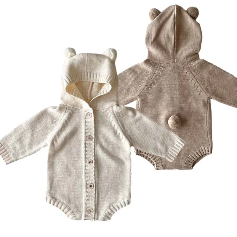 Top Trends: Autumn Knit Baby Romper Cute Bear Ear Hooded Jumpsuit For Boys Girls Solid Color Knitted Infant Clothes Newborn Korean Onesie Shoppable Styles