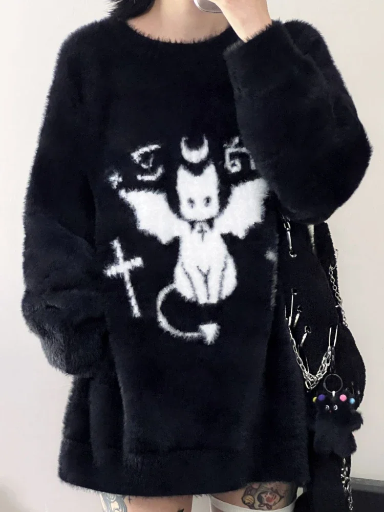 Top Trends: Deeptown Gothic Punk Black Devil Cat Sweater Women Harajuku Grunge Oversized Knitted Jumper Winter Warm Mohair Y2K Tops E-girl Shoppable Styles