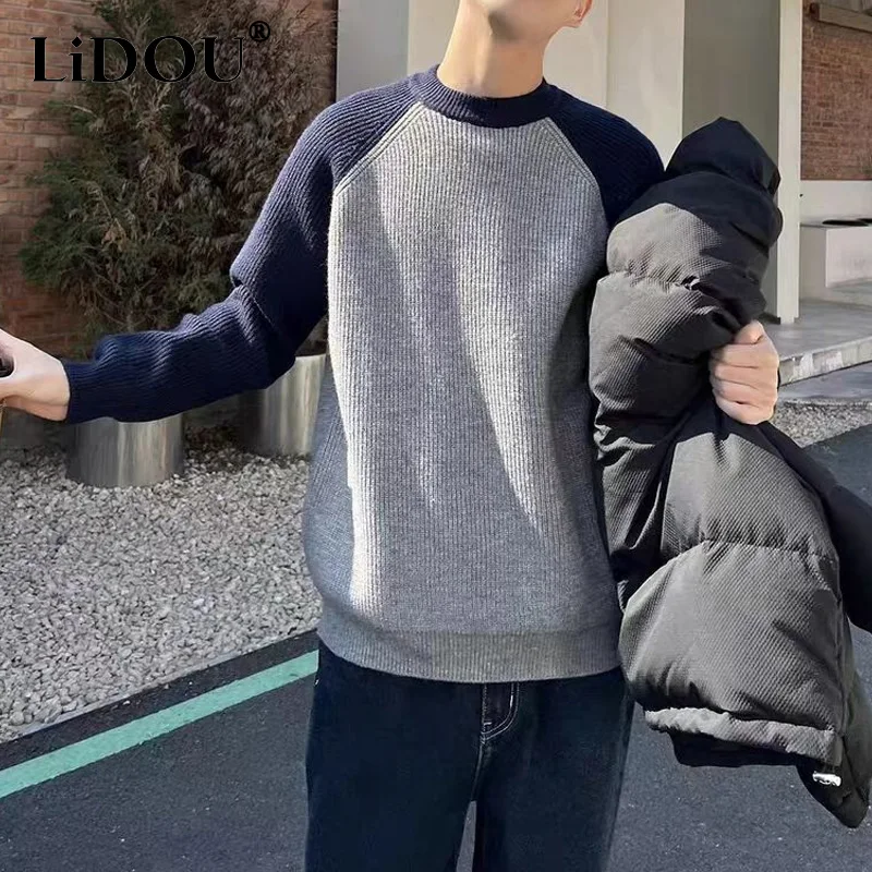 Top Trends: 2023 Autumn Winter New Round Neck Fashion Long Sleeve Sweater Man High Street Casual Loose Contrast Color All-match Pullovers Shoppable Styles