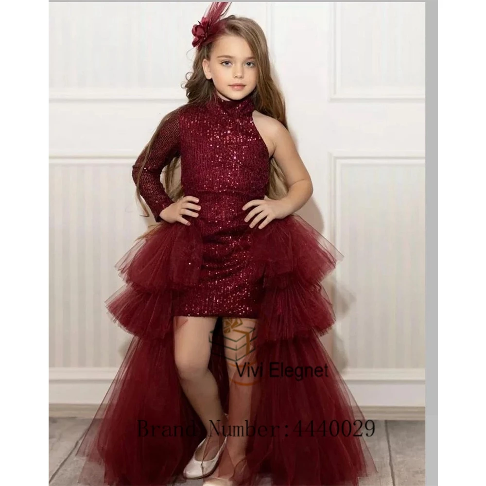 Top Trends: Fashion Burgundy Flower Girl Dresses For Girls Summer Sequined Full Sleeve Tiered Sheath MIni Detachable Train Wedding Party Shoppable Styles