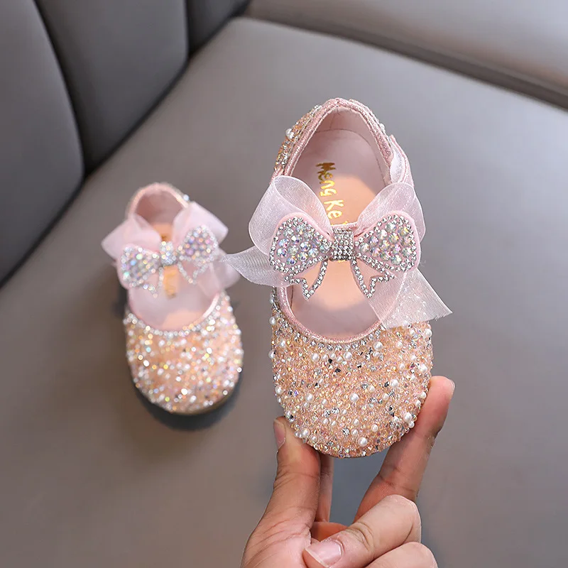 Top Trends: New Children&#039;s Sequined Leather Shoes Girls Princess Rhinestone Bowknot Single Shoes Fashion Baby Kids Wedding Shoes Shoppable Styles