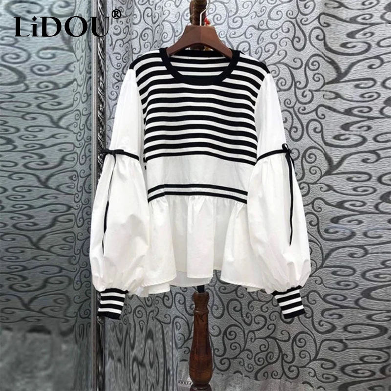 Top Trends: Spring Autumn O Neck Striped Patchwork Loose Casual Pullover Blouse Femme Comfortable All-match Bow Shirt Top Women's Clothing Shoppable Styles