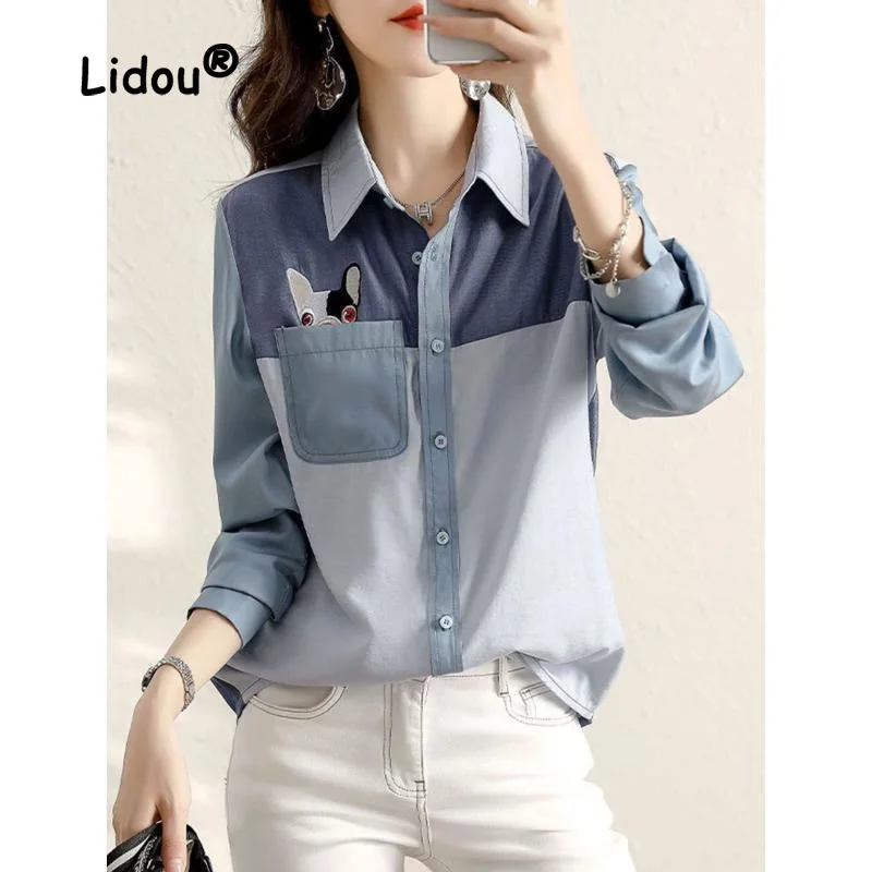 Top Trends: Fashion Color Matching Pocket Single-breasted Blouse Women New Classic Long Sleeve Polo Collar Blue Spring Autumn Shirt 2023 Shoppable Styles