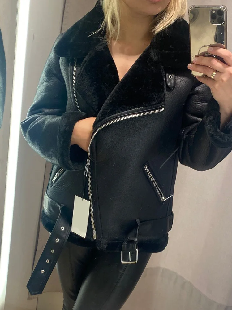 Top Trends: Traf Winter Coats Women Thickness Faux Leather Fur Sheepskin Female Fur Leather Jacket Aviator Outwear Casaco Feminino Clothes Shoppable Styles