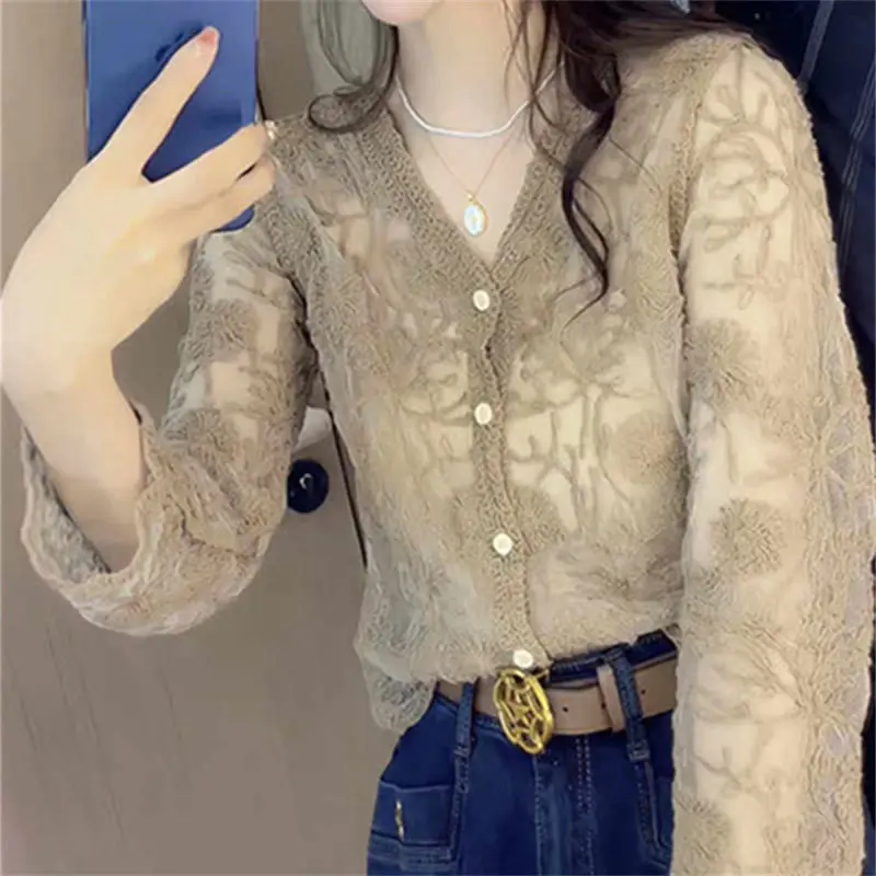 Top Trends: Korean Lace Hollow Out Shirt Women's Clothing Elegant V-Neck Single-breasted Spring Summer Commute Fashion Gauze Straight Blouse Shoppable Styles - Image 2