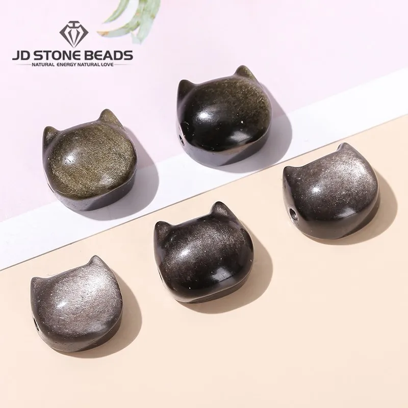 Top Trends: 1 Pc Natural Gold Silver Obsidian Cat Head Beads Through Hole Carved Cute Bead For Jewelry Making Diy Bracelet Pendant Accessory Shoppable Styles