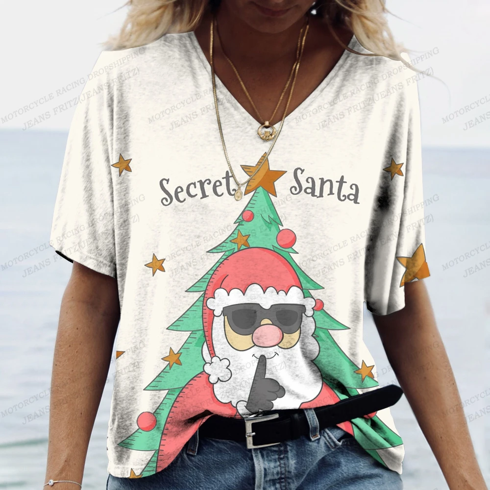 Top Trends: Santa Claus Print T Shirt For Women Christmas Harajuku Clothing Fashion V-neck Short Sleeve Tops New Year Party Female T-Shirts Shoppable Styles - Image 4