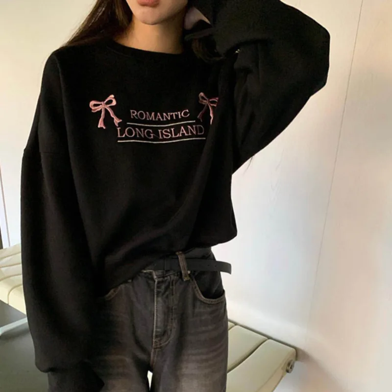 Top Trends: Bow Hoodie Sweatshirt Casual Loose O-Neck Long Sleeve Fashion Korean Style Letter Printing Cotton Streetwear Pullover Hoodies Shoppable Styles