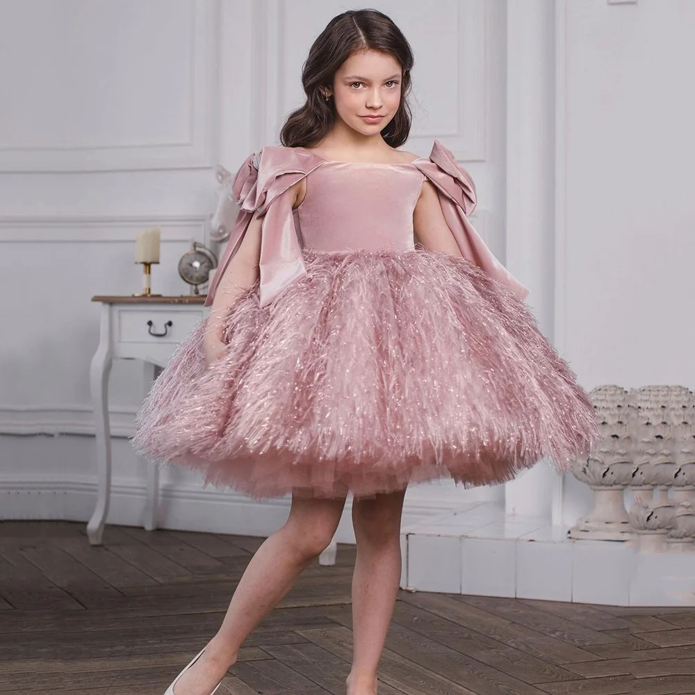 Top Trends: Cute Pink Little Girl's Party Dresses Off-shoulder Bow Feathers Flower Girl Dress Knee Length A Line Black Pageant Prom Gowns Shoppable Styles