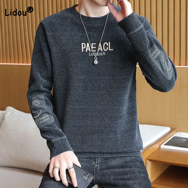 Top Trends: Fashionable Embroidery Solid Color Men&#039;s Sweaters 2023 Autumn Winter Thick Round Neck Long Sleeve Knitted Pullovers Male Clothes Shoppable Styles